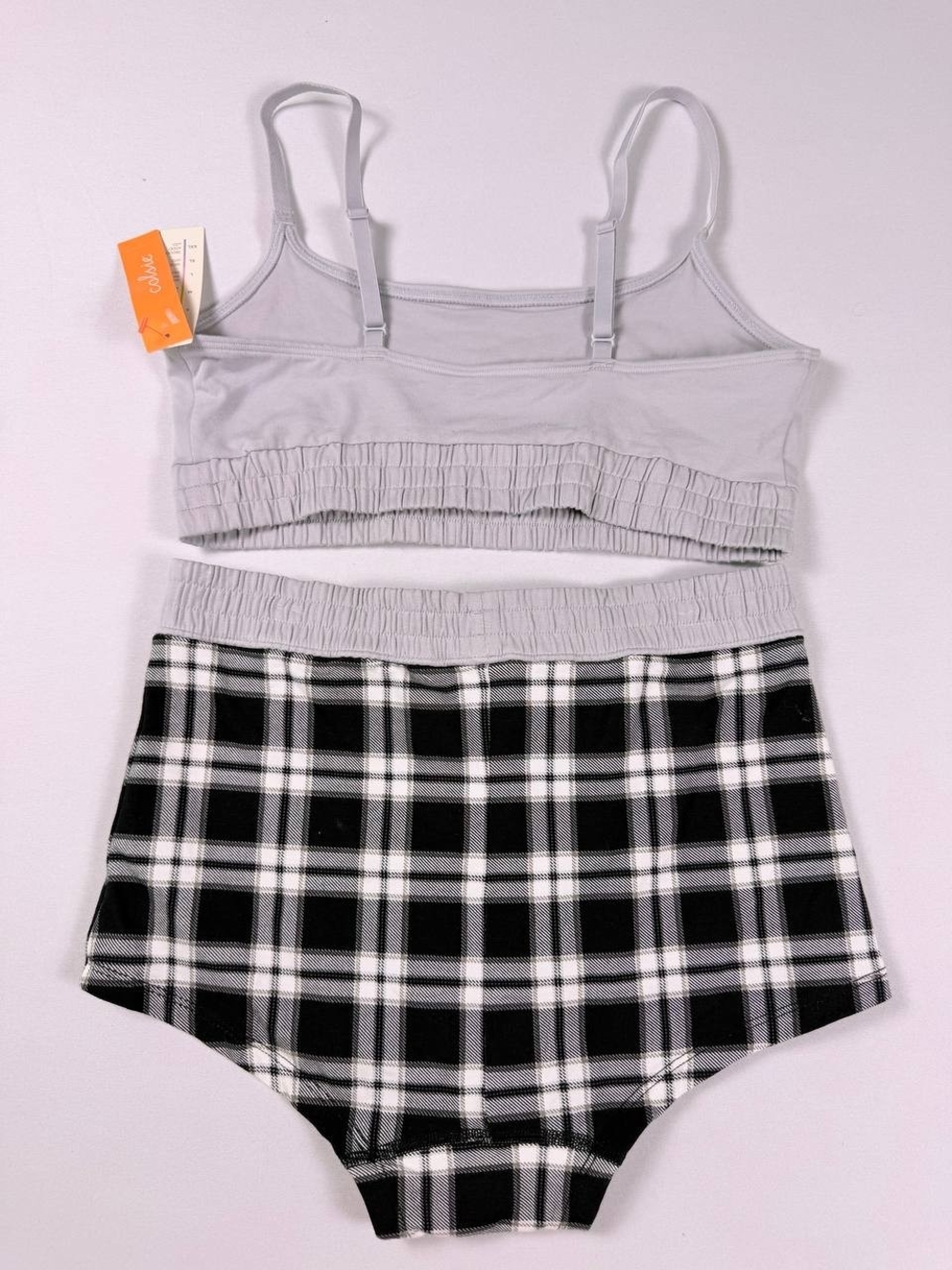 Soft Light Gray Bralette with Black & White Plaid High-Waist Briefs